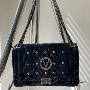 VALENTINO BY MARIO. ALICE STUDDED PYTHON-EMBOSSED LEATHER CROSSBODY BAG IN BLUE